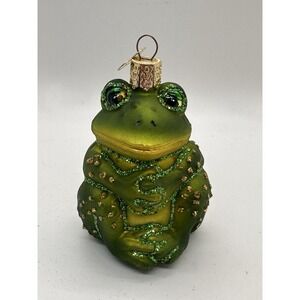 Old World Christmas Hop Along Frog Glass Ornament Green Glitter Hand Blown OWC